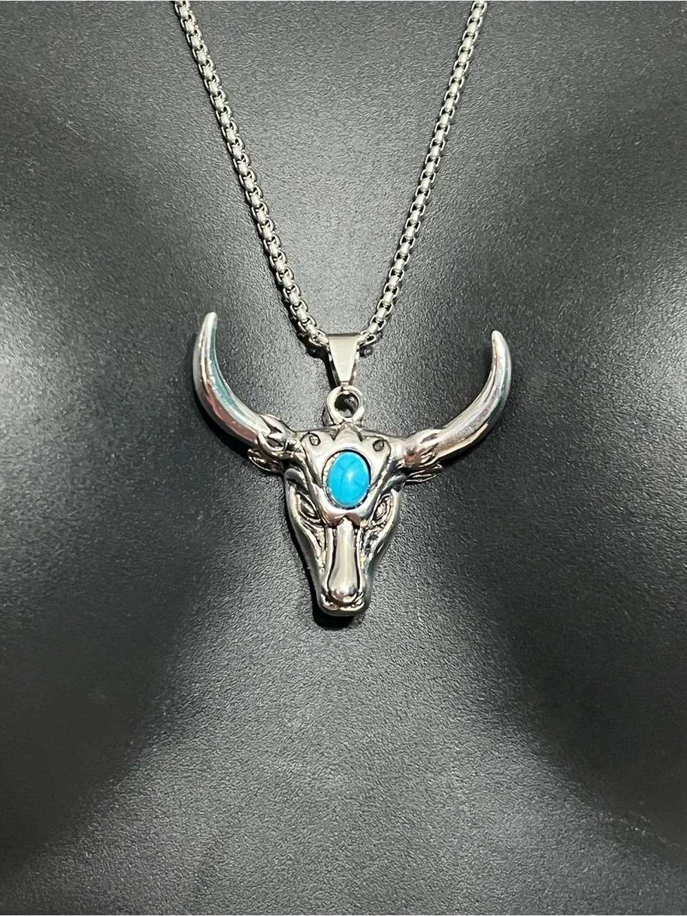 Silver Bull Skull Pendant Necklace with Turquoise Accent